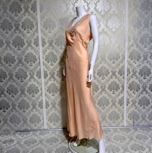 1930s Vintage nightgown slip Dress, Peach SILK Bias Cut Lingerie Dress, Large