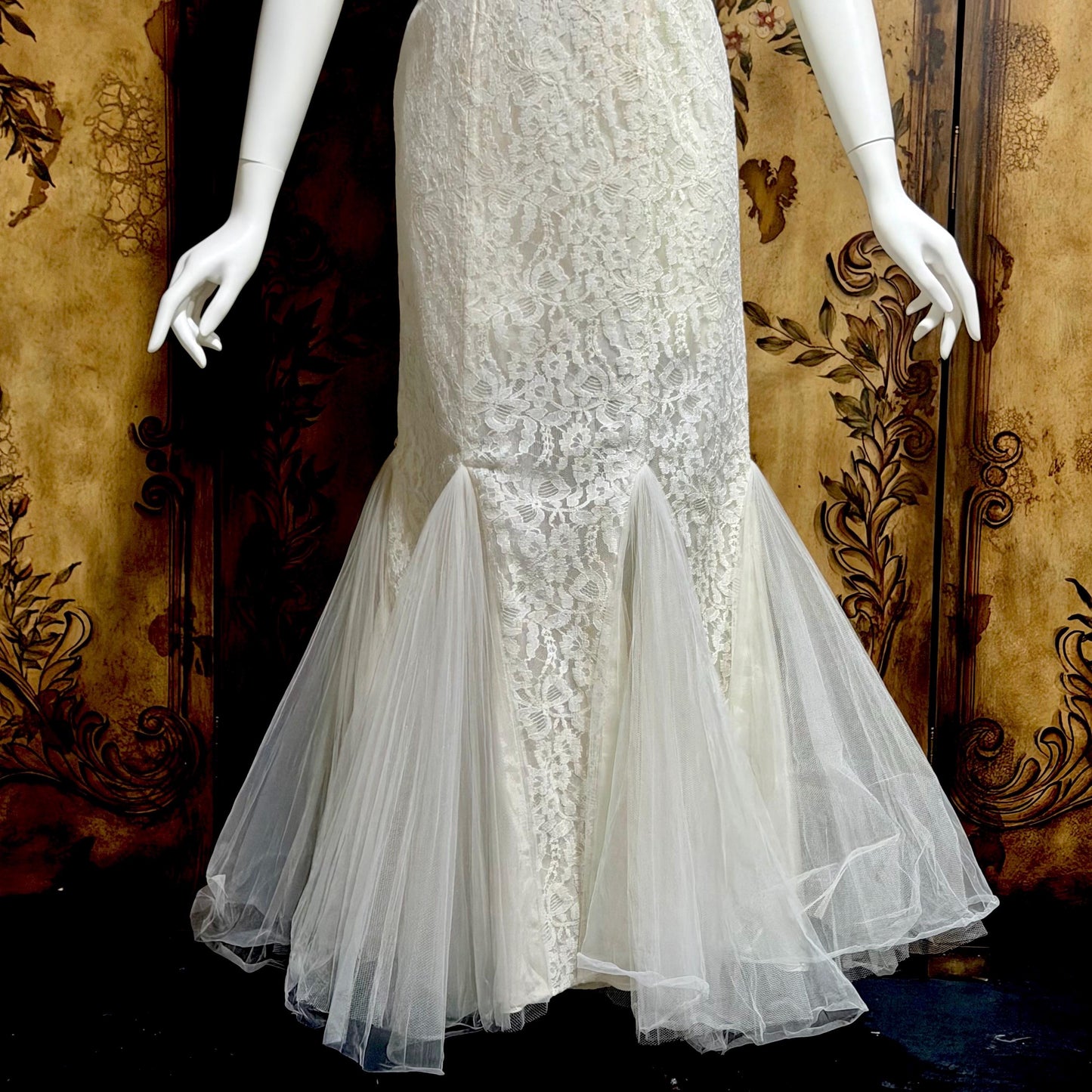 EMMA DOMB vintage wedding dress gown, 1950s white lace tulle mermaid gown