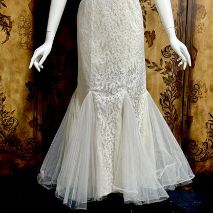EMMA DOMB vintage wedding dress gown, 1950s white lace tulle mermaid gown