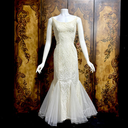 EMMA DOMB vintage wedding dress gown, 1950s white lace tulle mermaid gown