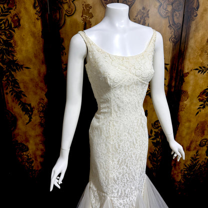 EMMA DOMB vintage wedding dress gown, 1950s white lace tulle mermaid gown