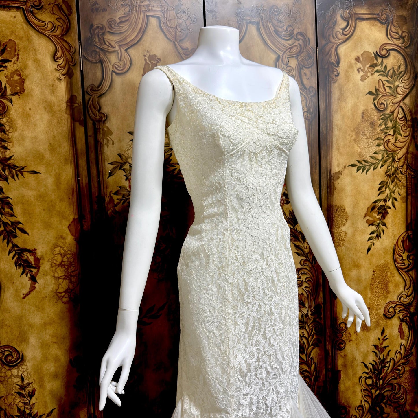 EMMA DOMB vintage wedding dress gown, 1950s white lace tulle mermaid gown