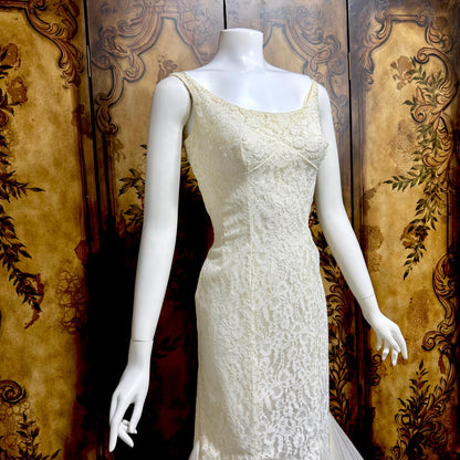 EMMA DOMB vintage wedding dress gown, 1950s white lace tulle mermaid gown
