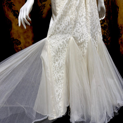 EMMA DOMB vintage wedding dress gown, 1950s white lace tulle mermaid gown