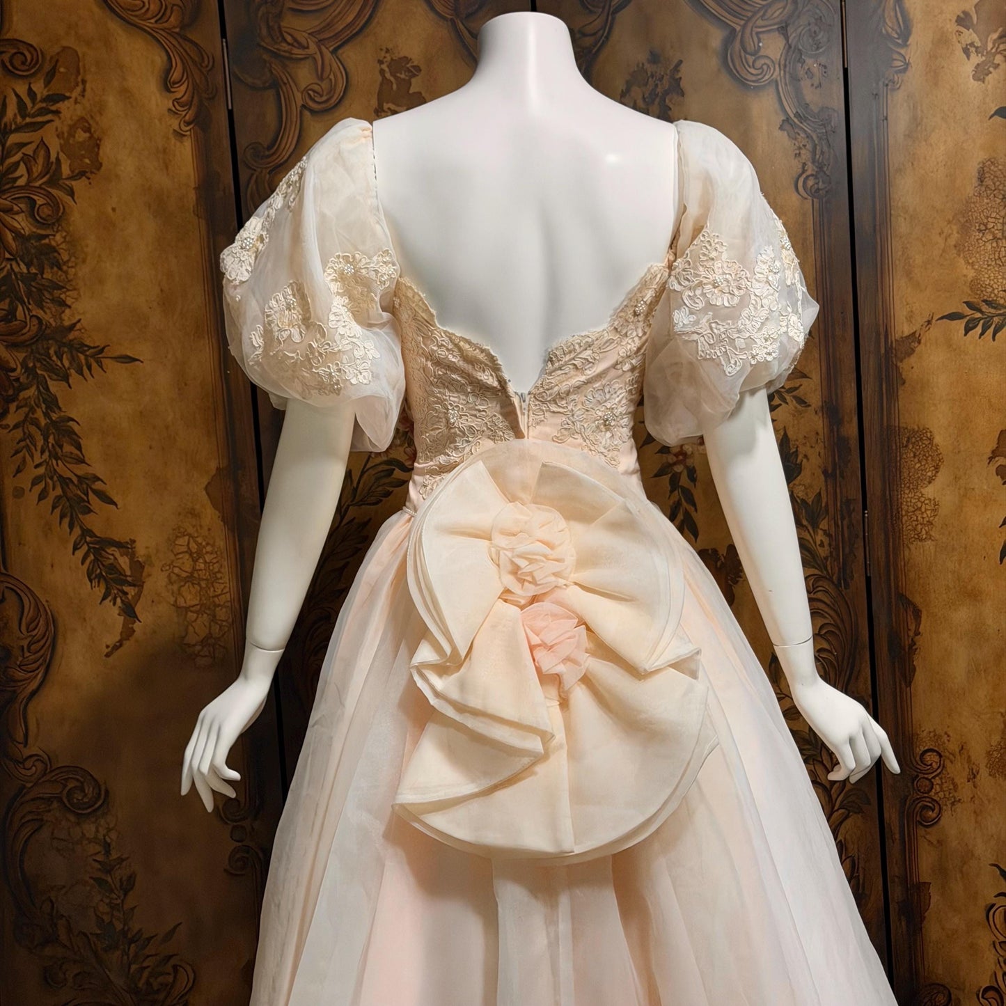 1980s vintage wedding dress gown, Pink Blush Organza Off Shoulder ball gown