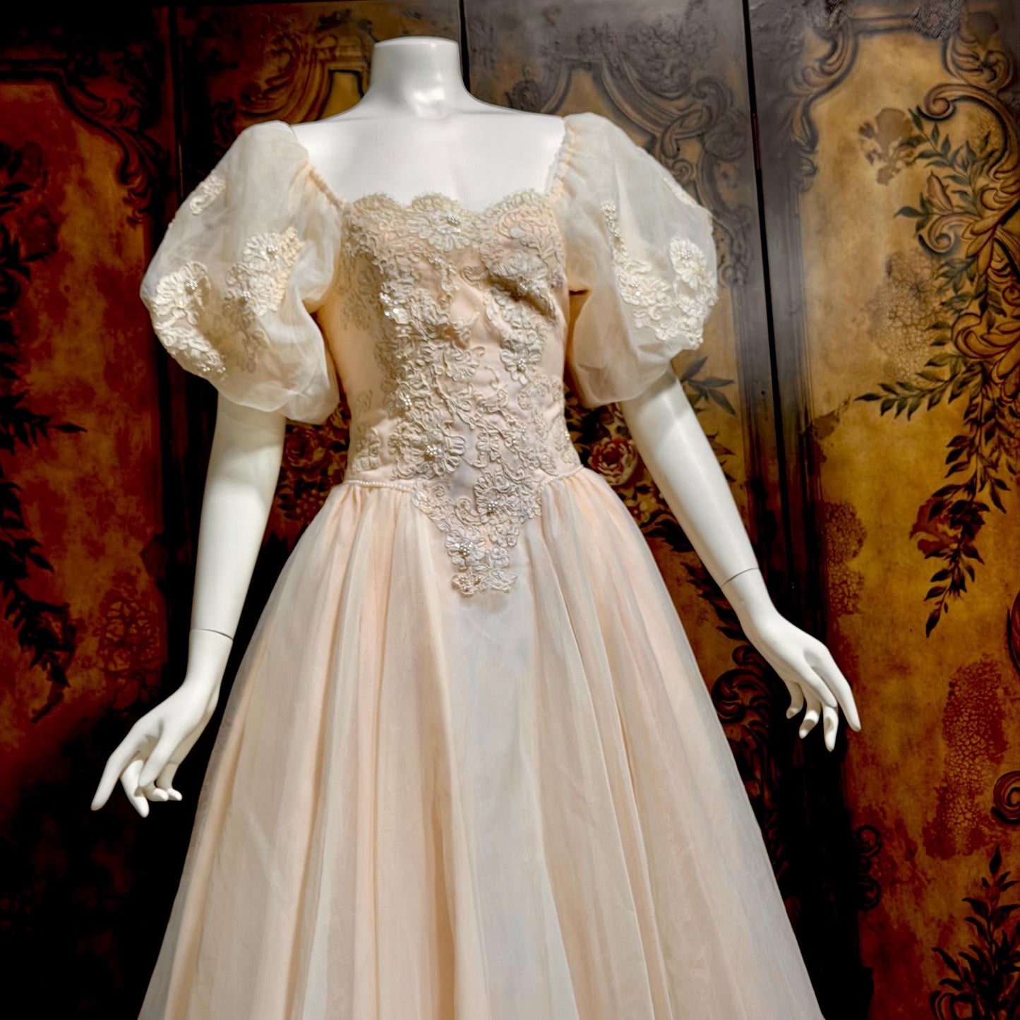 1980s vintage wedding dress gown, Pink Blush Organza Off Shoulder ball gown