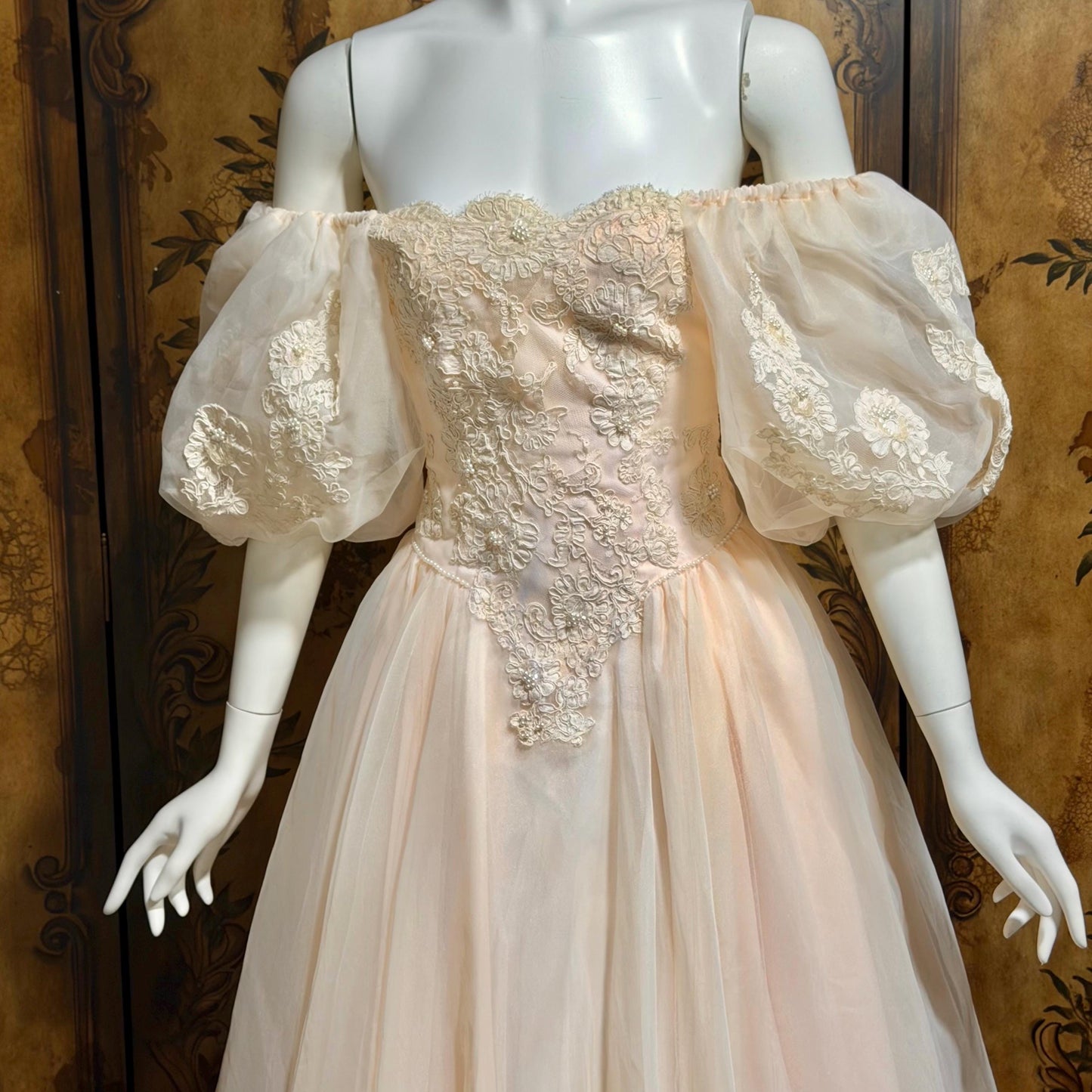 1980s vintage wedding dress gown, Pink Blush Organza Off Shoulder ball gown