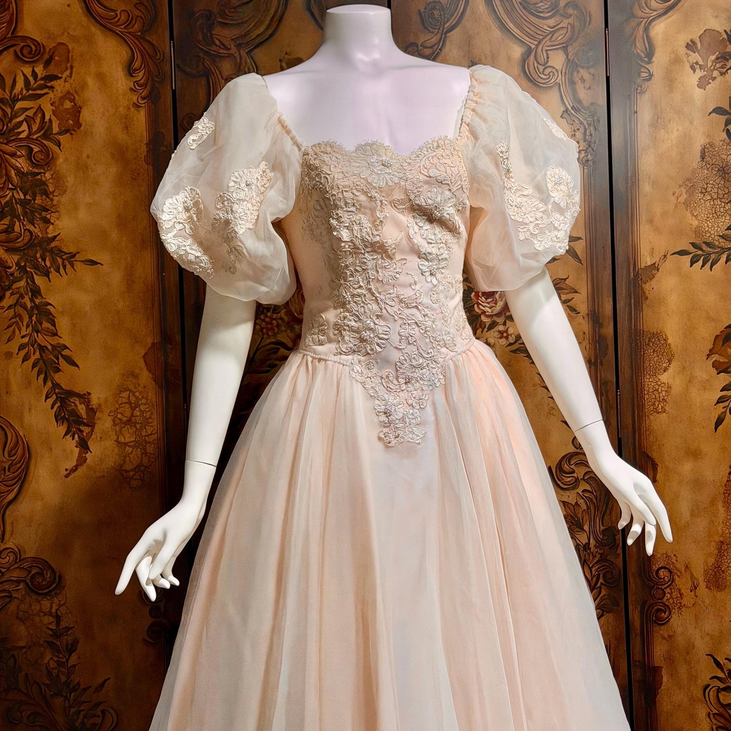 1980s vintage wedding dress gown, Pink Blush Organza Off Shoulder ball gown
