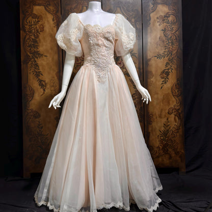 1980s vintage wedding dress gown, Pink Blush Organza Off Shoulder ball gown