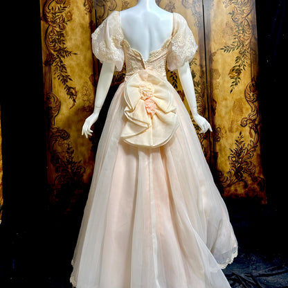 1980s vintage wedding dress gown, Pink Blush Organza Off Shoulder ball gown