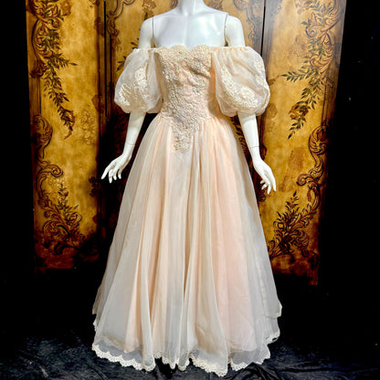 1980s vintage wedding dress gown, Pink Blush Organza Off Shoulder ball gown