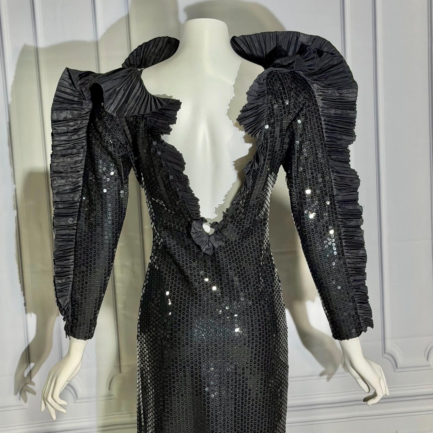 LORIS AZZARO Vintage evening dress gown, Giorgio Beverly Hills, Bodycon Black Sequin sheath, Malelificent