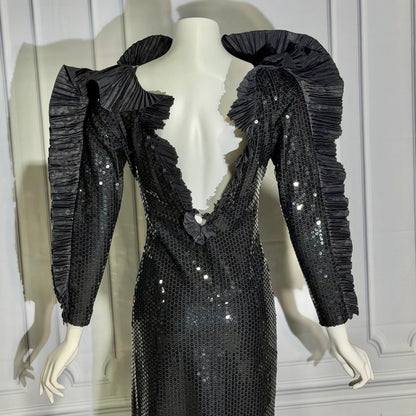 LORIS AZZARO Vintage evening dress gown, Giorgio Beverly Hills, Bodycon Black Sequin sheath, Malelificent