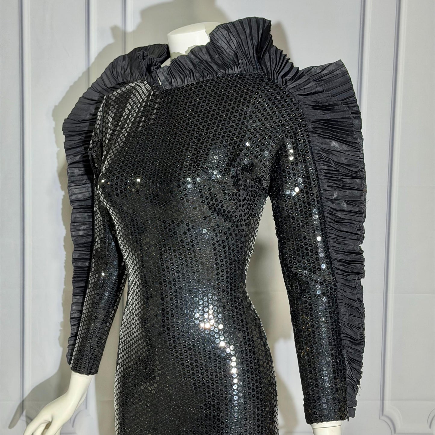 LORIS AZZARO Vintage evening dress gown, Giorgio Beverly Hills, Bodycon Black Sequin sheath, Malelificent