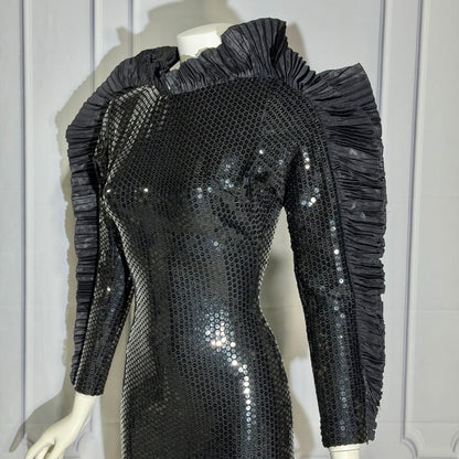 LORIS AZZARO Vintage evening dress gown, Giorgio Beverly Hills, Bodycon Black Sequin sheath, Malelificent