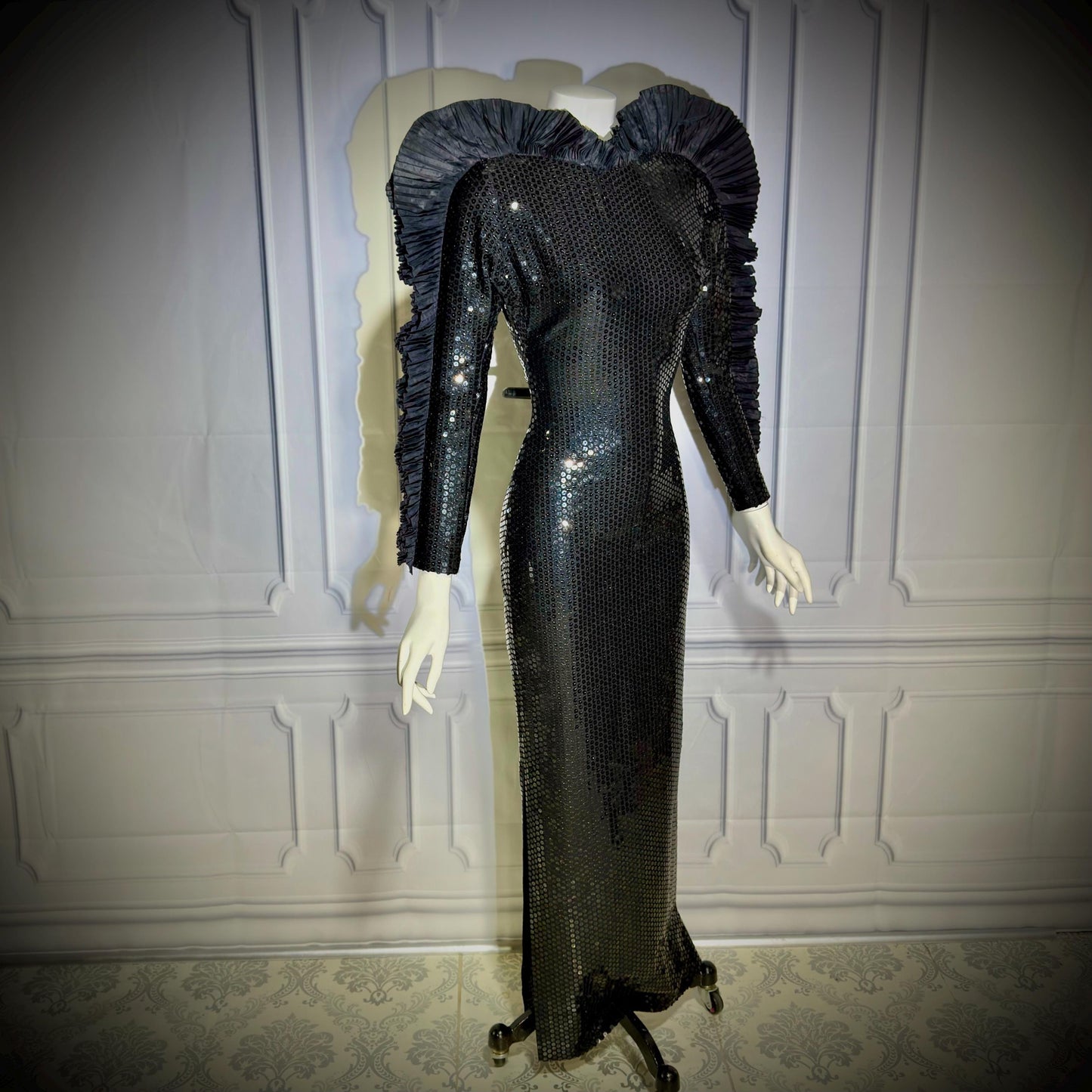 LORIS AZZARO Vintage evening dress gown, Giorgio Beverly Hills, Bodycon Black Sequin sheath, Malelificent