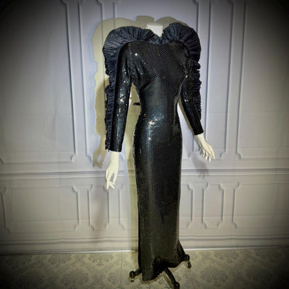 LORIS AZZARO Vintage evening dress gown, Giorgio Beverly Hills, Bodycon Black Sequin sheath, Malelificent