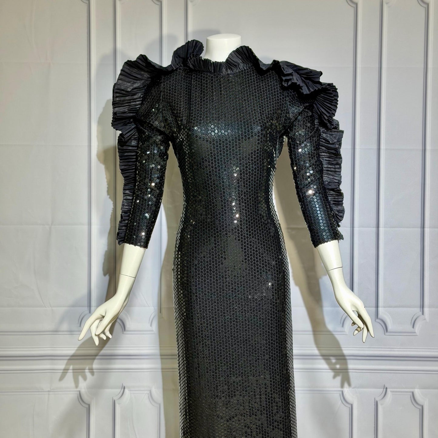 LORIS AZZARO Vintage evening dress gown, Giorgio Beverly Hills, Bodycon Black Sequin sheath, Malelificent