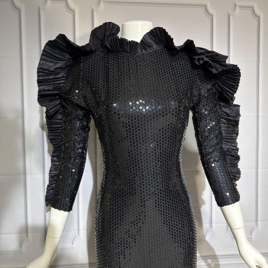 LORIS AZZARO Vintage evening dress gown, Giorgio Beverly Hills, Bodycon Black Sequin sheath, Malelificent