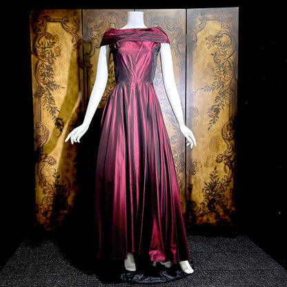 1940s vintage Evening Ball Gown, Deep Burgundy Shiny Satin Full Sweep Formal Dress