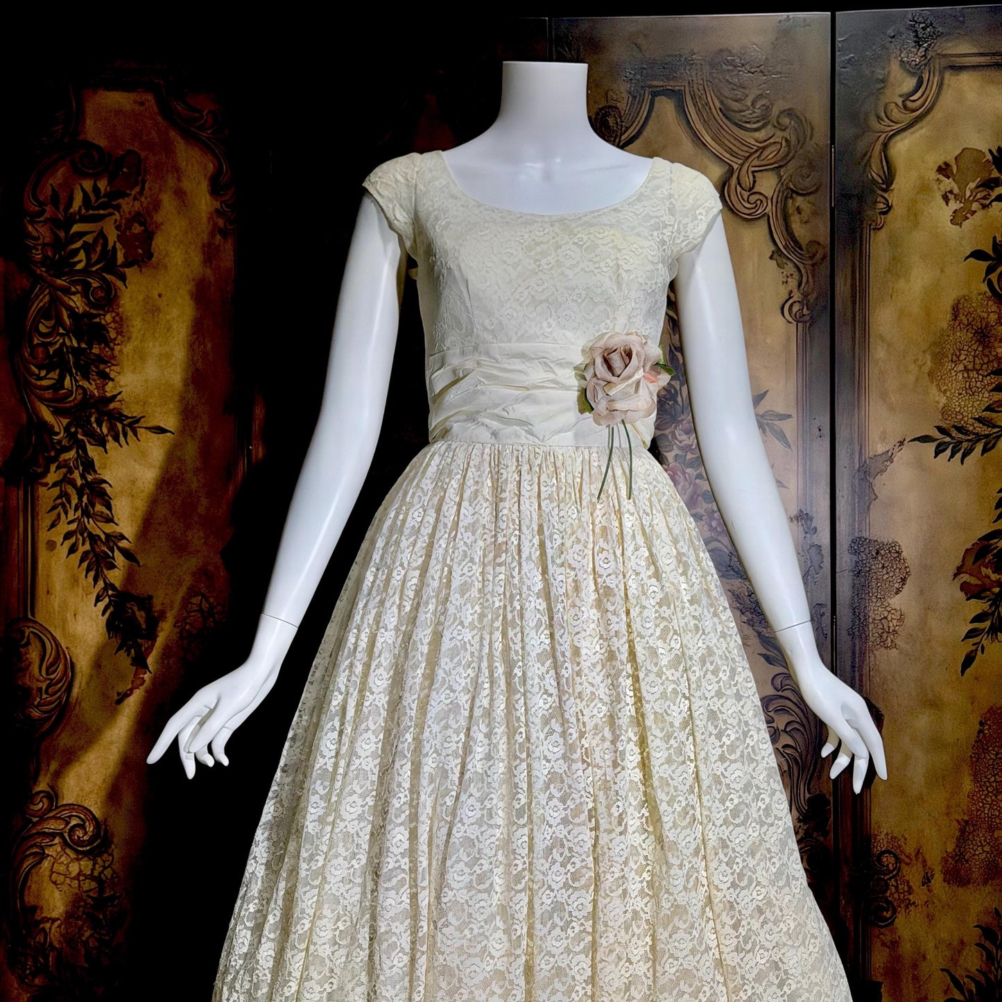 EMMA DOMB vintage 1950s evening prom dress, White Lace Cupcake Party Short Wedding dress