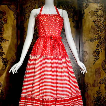 LILLI DIAMOND vintage 1970s Maxi dress, Red Tiered Picnic voile halter dress