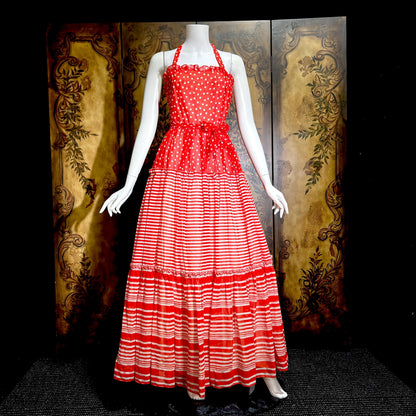 LILLI DIAMOND vintage 1970s Maxi dress, Red Tiered Picnic voile halter dress