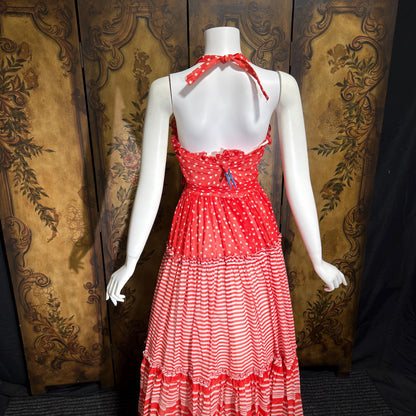 LILLI DIAMOND vintage 1970s Maxi dress, Red Tiered Picnic voile halter dress