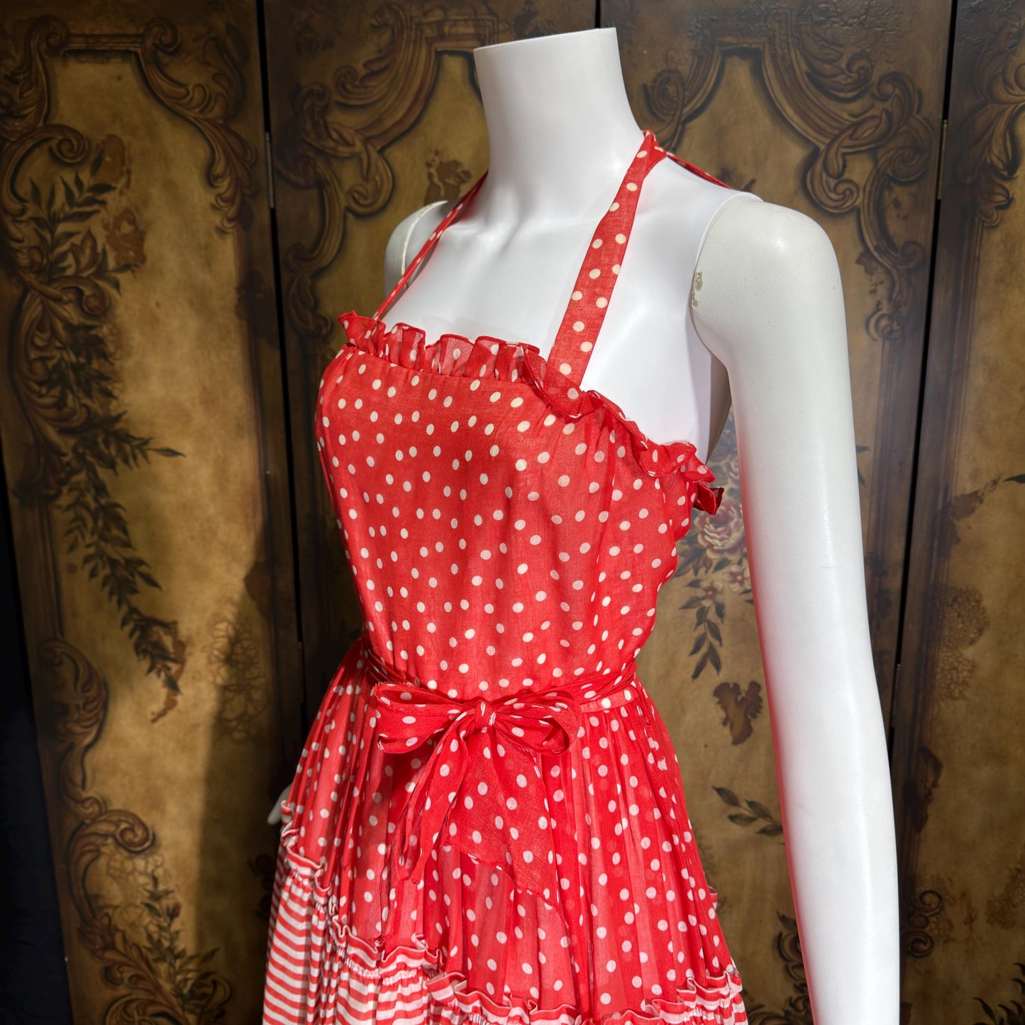 LILLI DIAMOND vintage 1970s Maxi dress, Red Tiered Picnic voile halter dress