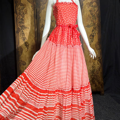 LILLI DIAMOND vintage 1970s Maxi dress, Red Tiered Picnic voile halter dress