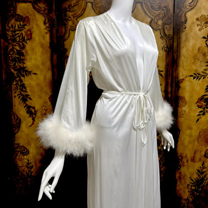 FREDERICKS OF HOLLYWOOD vintage 1970s dressing gown robe, white nylon marabou wrap house coat