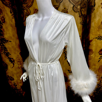FREDERICKS OF HOLLYWOOD vintage 1970s dressing gown robe, white nylon marabou wrap house coat