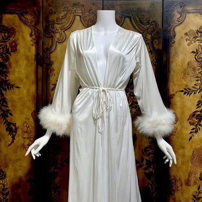 FREDERICKS OF HOLLYWOOD vintage 1970s dressing gown robe, white nylon marabou wrap house coat