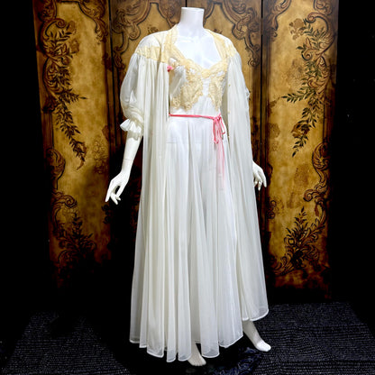 YOLANDE vintage 1940s Peignoir set, White bridal nightgown slip dress and robe