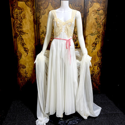 YOLANDE vintage 1940s Peignoir set, White bridal nightgown slip dress and robe