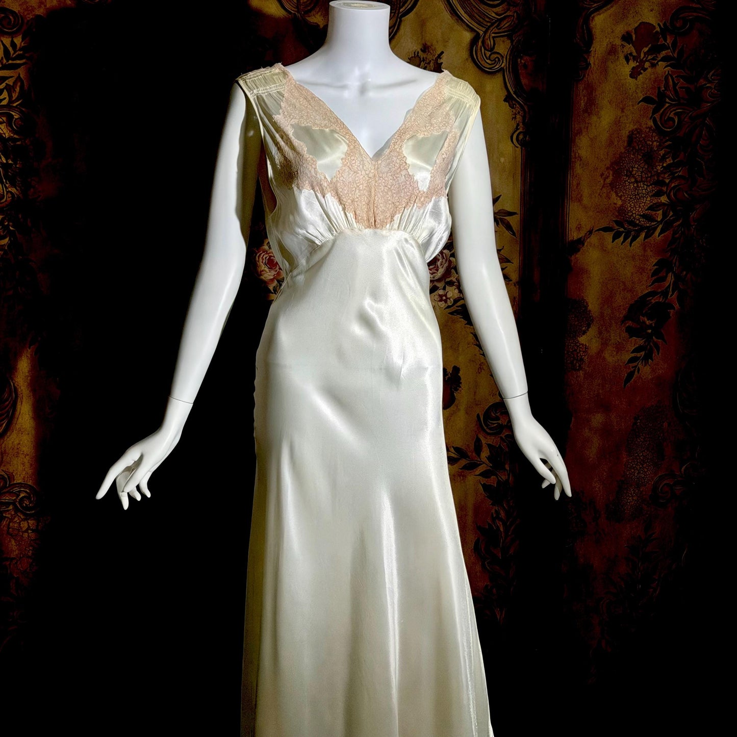 1930s vintage Nightgown slip dress, pearly white liquid satin bias cut lingerie dress