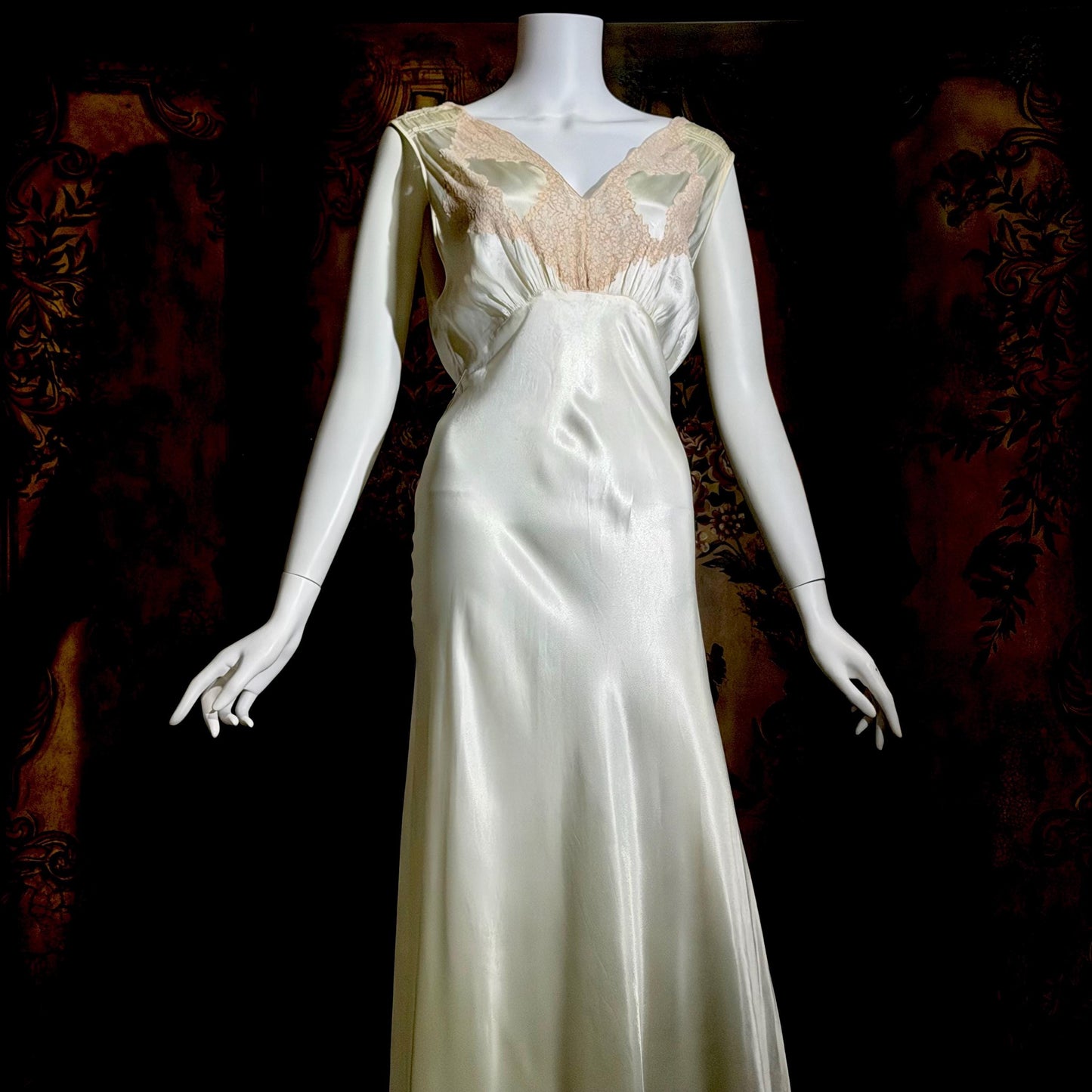 1930s vintage Nightgown slip dress, pearly white liquid satin bias cut lingerie dress