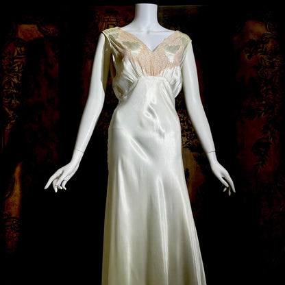 1930s vintage Nightgown slip dress, pearly white liquid satin bias cut lingerie dress