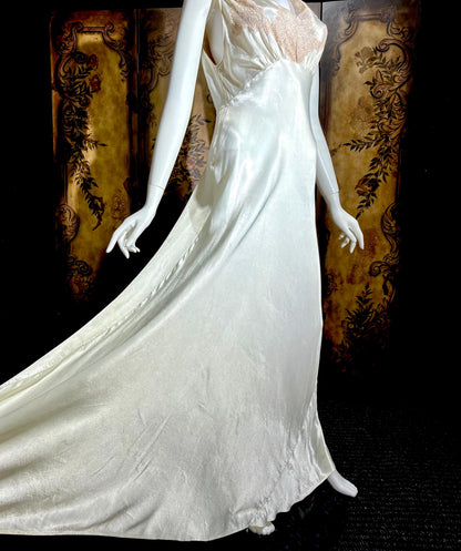 1930s vintage Nightgown slip dress, pearly white liquid satin bias cut lingerie dress