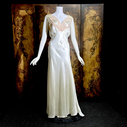 1930s vintage Nightgown slip dress, pearly white liquid satin bias cut lingerie dress