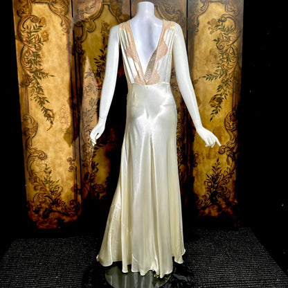 1930s vintage Nightgown slip dress, pearly white liquid satin bias cut lingerie dress