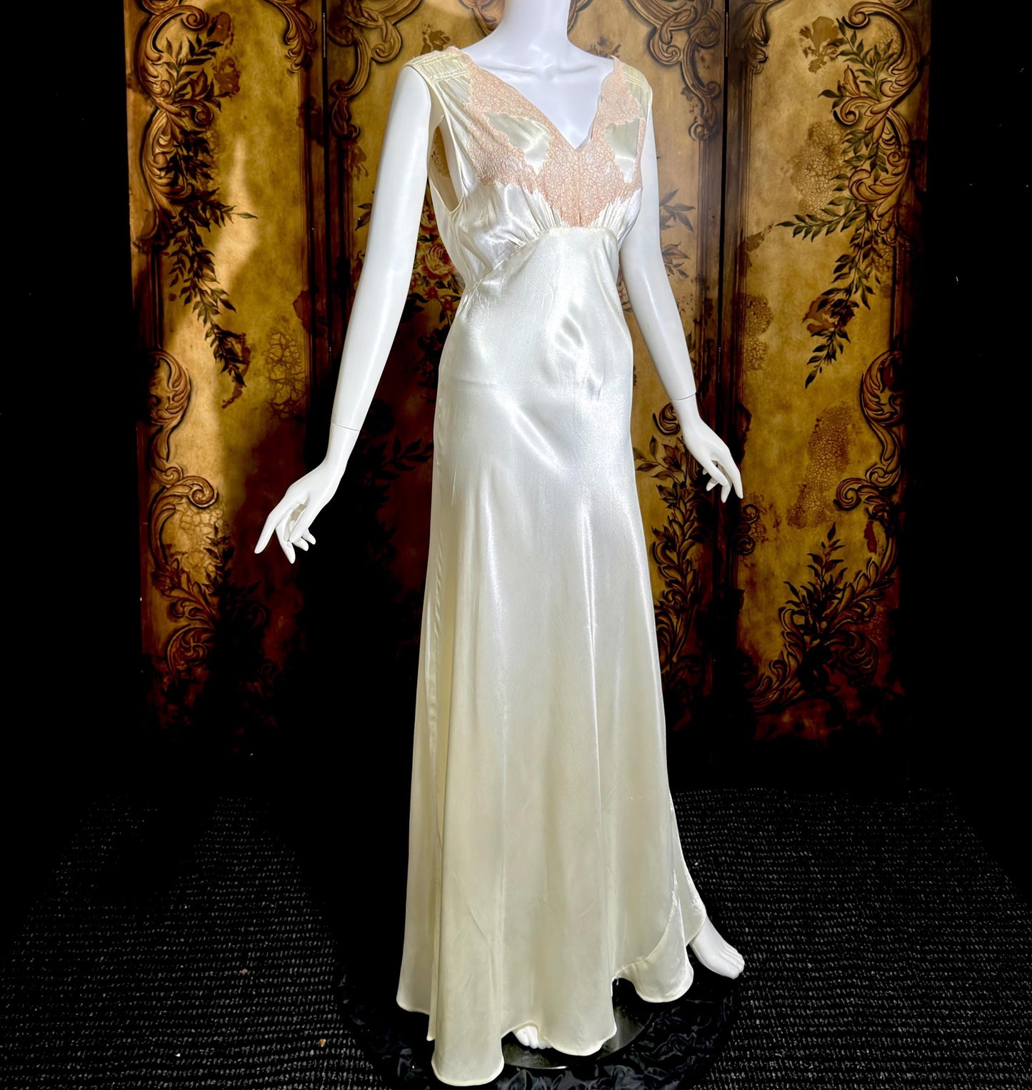 1930s vintage Nightgown slip dress, pearly white liquid satin bias cut lingerie dress