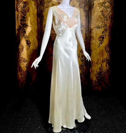 1930s vintage Nightgown slip dress, pearly white liquid satin bias cut lingerie dress