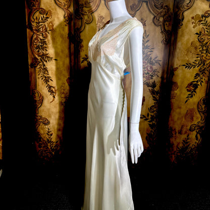 1930s vintage Nightgown slip dress, pearly white liquid satin bias cut lingerie dress