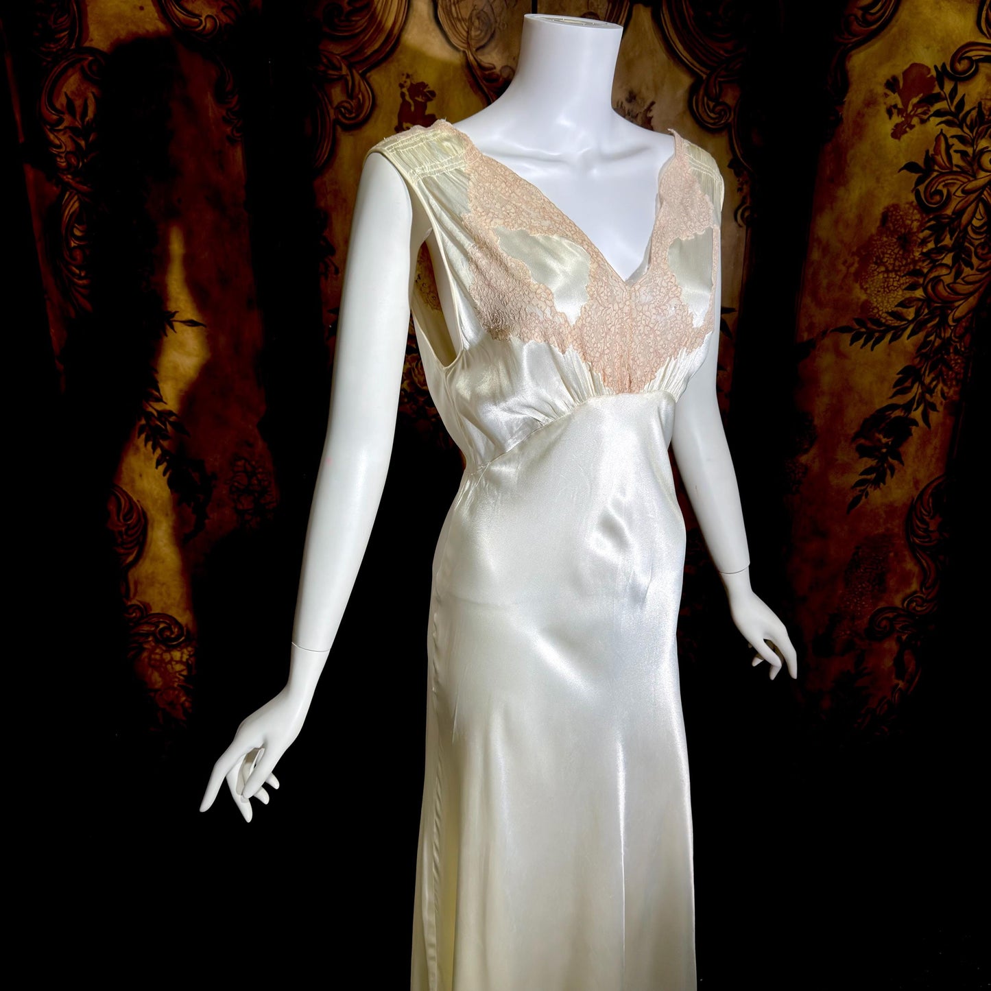 1930s vintage Nightgown slip dress, pearly white liquid satin bias cut lingerie dress