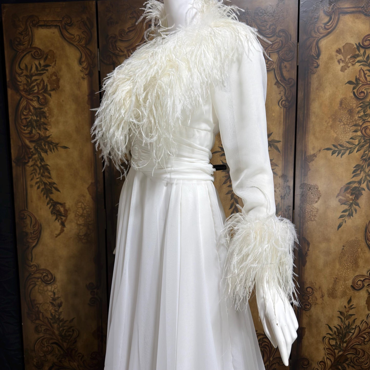 LILLIE RUBIN Vintage evening dress gown, 1970s White Chiffon Ostrich Feather Gown