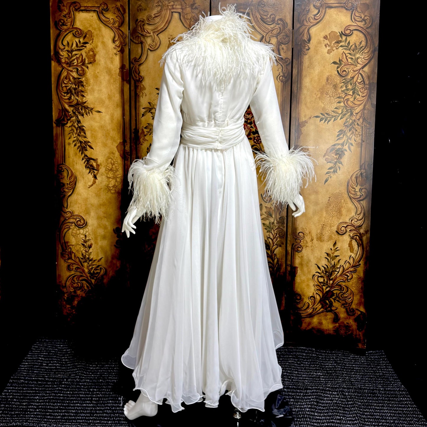 LILLIE RUBIN Vintage evening dress gown, 1970s White Chiffon Ostrich Feather Gown