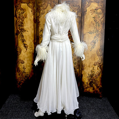 LILLIE RUBIN Vintage evening dress gown, 1970s White Chiffon Ostrich Feather Gown