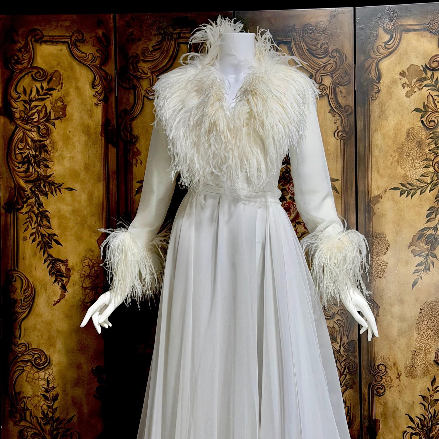 LILLIE RUBIN Vintage evening dress gown, 1970s White Chiffon Ostrich Feather Gown
