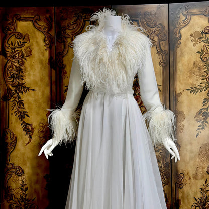 LILLIE RUBIN Vintage evening dress gown, 1970s White Chiffon Ostrich Feather Gown